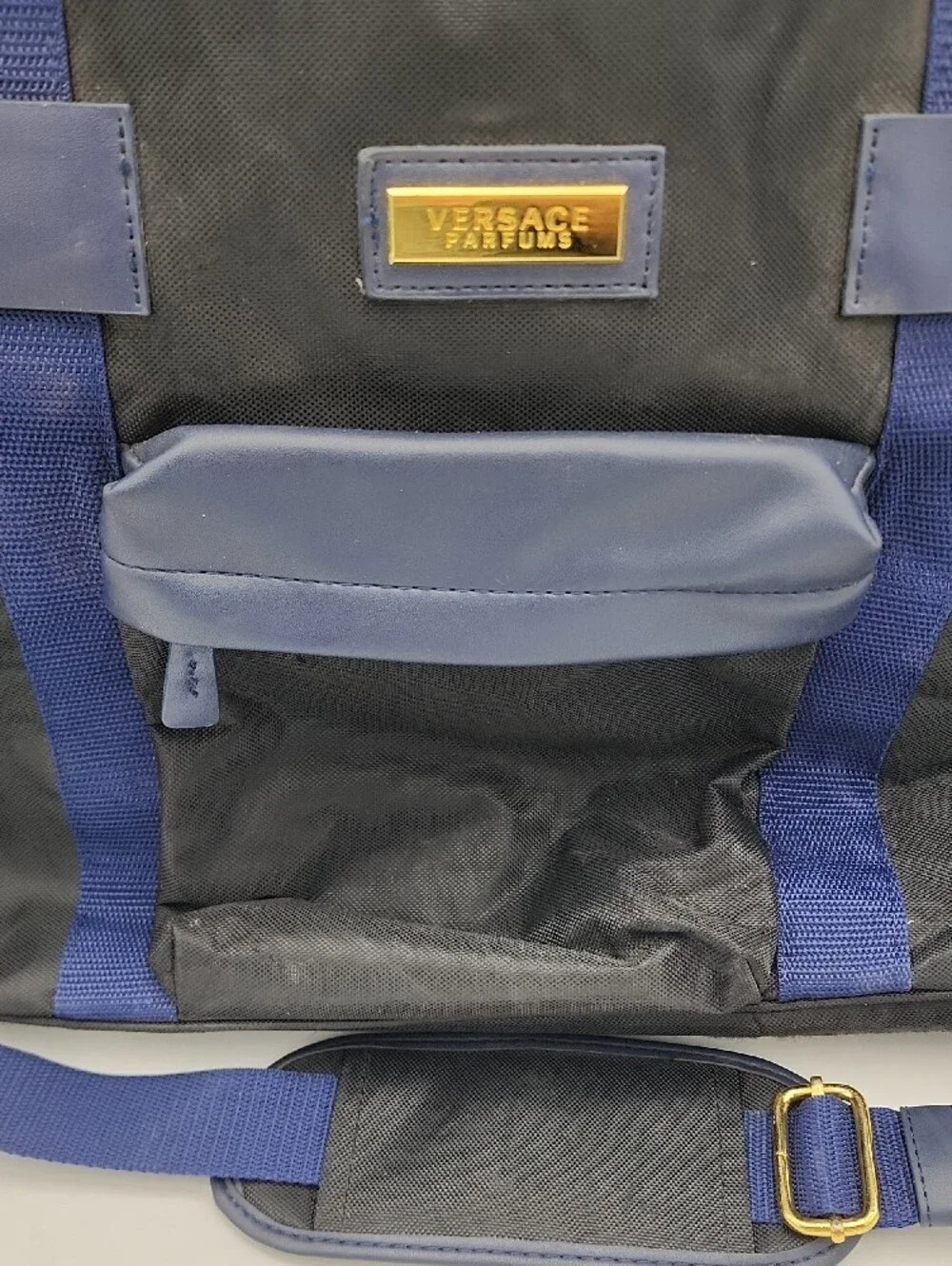 Versace Black and Blue Duffel Bag with Gold Logo Plate